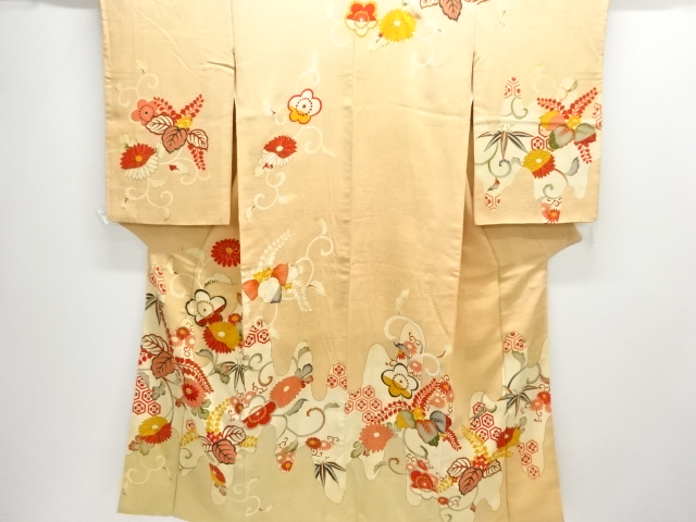 JAPANESE KIMONO / ANTIQUE KIMONO / SILK / MON KINSHA / EMBROIDERY / KIKU & PAULOWNIA ARABESQUE